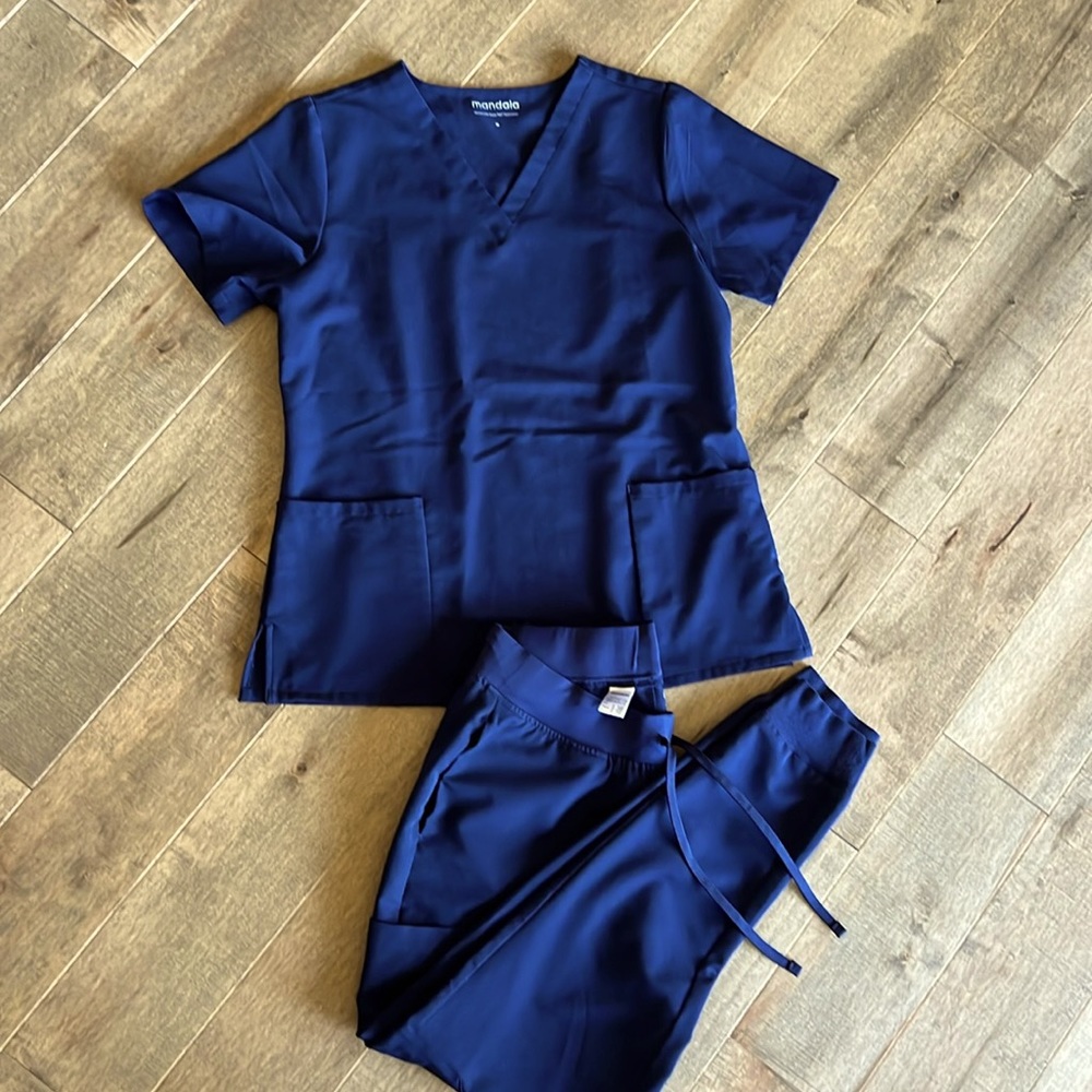 Mandala navy blue women’s scrub set.